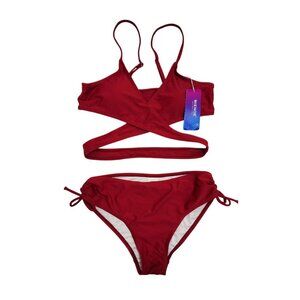Two-Piece Red Bikini Set Crisscross Top  Tie Side Bottoms  Girls MIENQE XL 12 14
